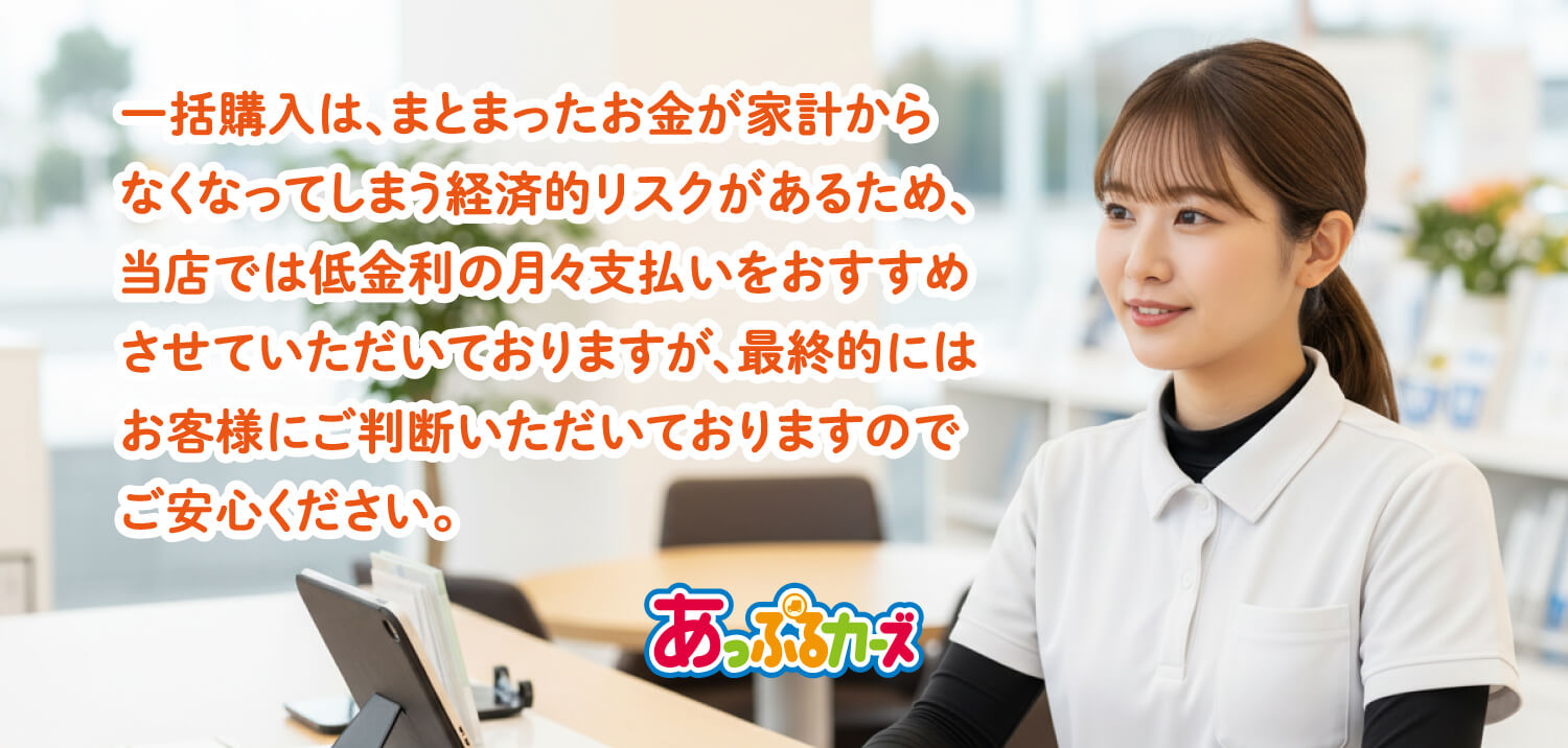 一括購入は、まとまったお金が家計からなくなってしまう経済的リスクがあるため、当店では低金利の月々支払いをおすすめさせていただいておりますが、最終的にはお客様にご判断いただいておりますのでご安心ください。
